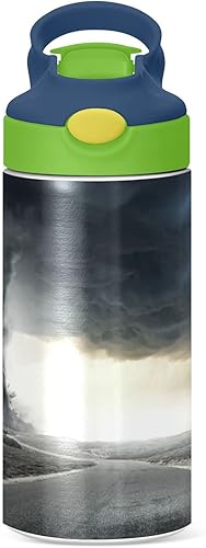 Miniatura 2 de Botella de agua negra Tornado de 12 onzas para niños, botella de agua aislada de acero inoxidable con tapa con pajilla, termo de doble pared a