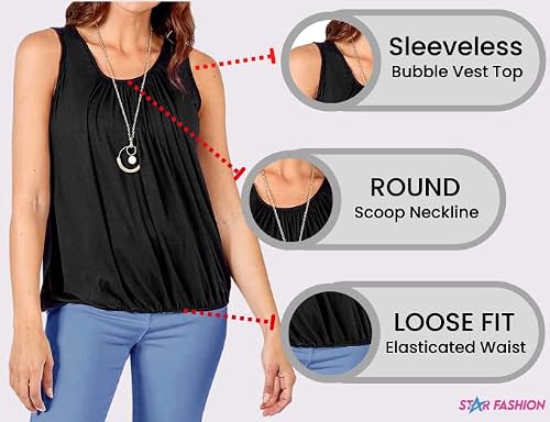 Bubble Hem Vest Women's Vests Sleeveless Bubble Hem Top Ladies Straps Vest Pleated Scoop Neck Elasticated Stretch Hem Summer Jersey Tank Top Loose fit Black 12-14 - Image 4
