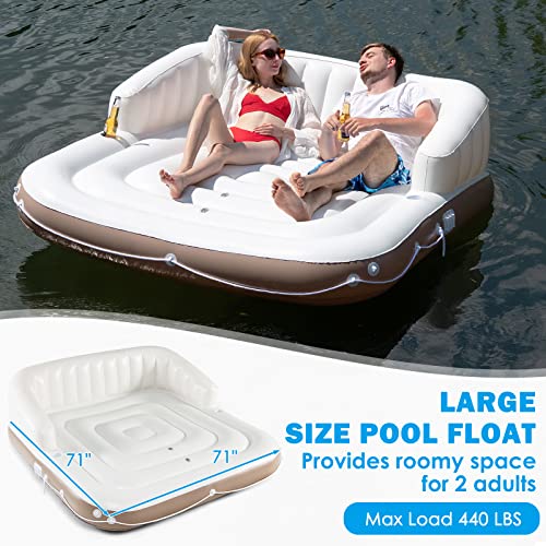 Image of S AFSTAR 2-3 Person Inflatable Pool Float, 71 inchx71 inch Giant Inflatable Island Bed with UPF50 Retractable Canopy & Built-in Cup Holder, Load 440LBS, Blow-up Floating Lounge Island for Pool Lake Beach
