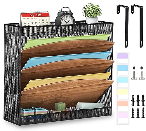 LUCYCAZ Wood Wall File Organizer-Hanging Wall File Holder, 5 Tier Mesh Office Wall Organizer, 3 Pockets Wall Hanging File Organizer with 2 Flat Trays, Wall Mount File Holder for Office Home, Black
