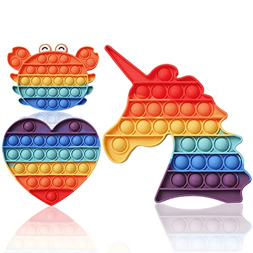 Rainbow Bubbles Sensory Fidget Toys, 3 Pack Popping Sound Fidget Pack, BPA Free Silicone Push Bubbles Autism Stress Sensory Toy Reliever Office School Game Crafts for Kids Adults