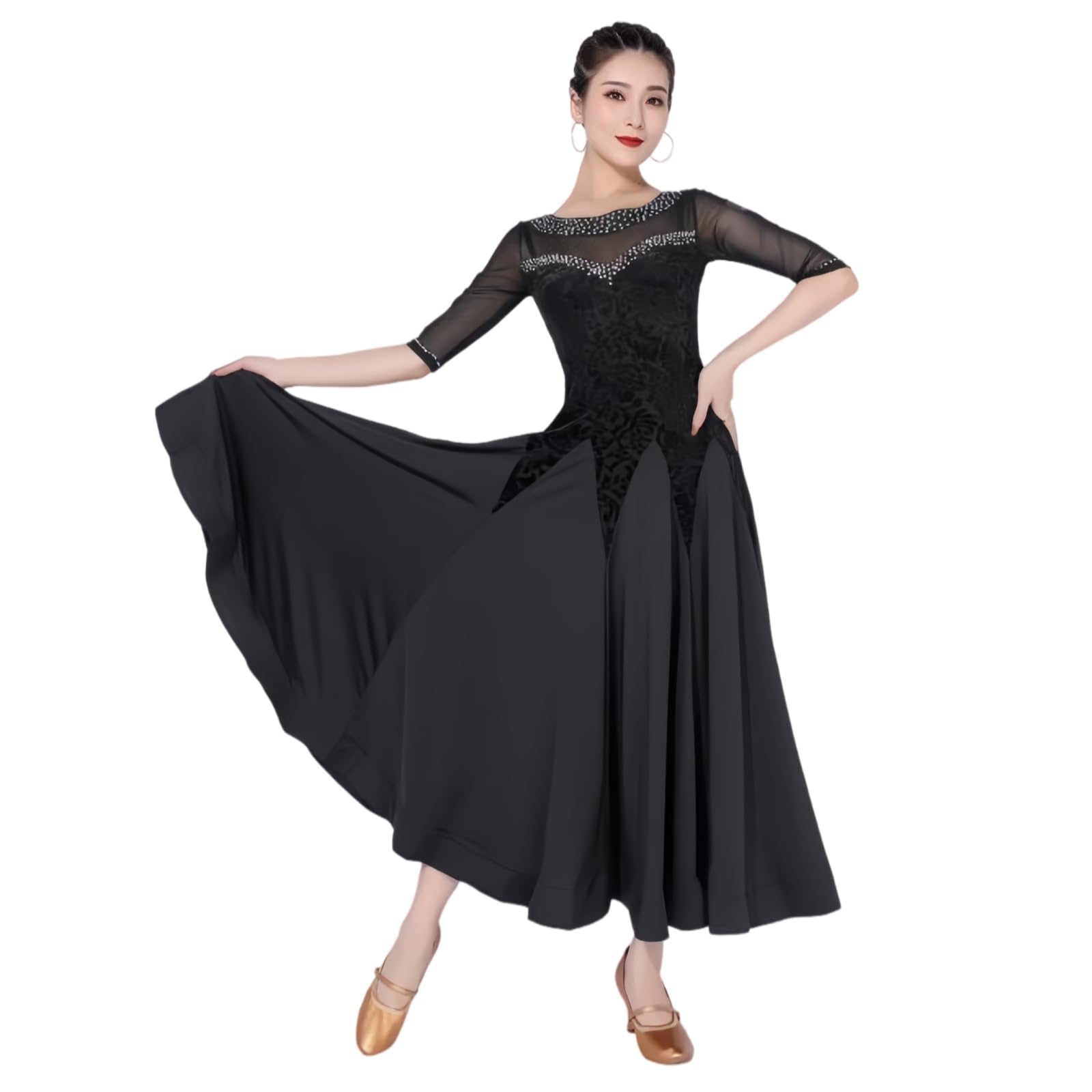 Damen Standard Ballroom Tanzkleid, Elegantes Walzer Turnierkleid Modisches Tanzkleid Mit Halbärmeln Und Strasssteinen Tanzkostüm Mit Weitem Schwingendem Rock Für Aufführung