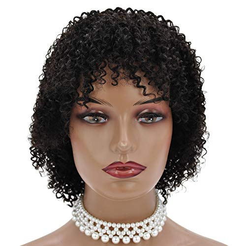 YENAS Short Curly Human Hair Wigs with Bangs for Women-Jerry Curly Wigs Gluless No lace Front Natural Virgin Hair Wig-Bouncy Hair Color Black Short Kinky Curly Wig Human hair for Women Beauty 11.5"