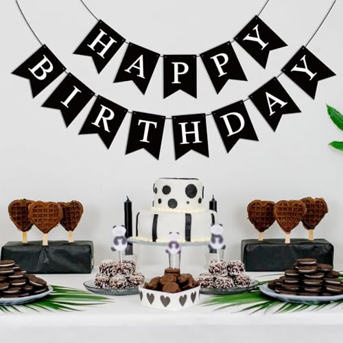 Image of Black Happy Birthday Banner Sign Happy Birthday Bunting Banner Garland for Kids Girl Woman Birthday Tea Party Decorations Bunting Flag Birthday Party Supplies