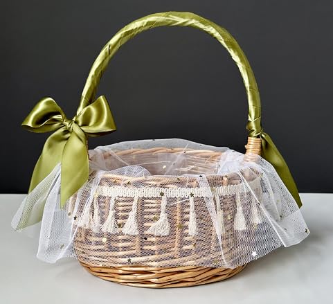 Povxlum 2pcs Woven Basket Rattan Storage Basket Wicker Flower Girl Baskets Handmade with Green Ribbon Bow