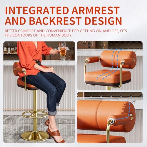 Butacos de Bar Set de 2, Cómodos Butacos Modernos con Tapizado en Cuero Sintético PU y Base de Metal, Asientos Giratorios con Respaldo y Reposabrazos para Comedor o Pub, Color Naranja miniatura 4