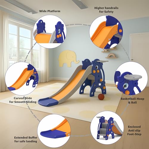 Image of Amazon Brand - Solimo Modern Unicorn Slide-Junior for 2-5 Year Kids| Indoor Outdoor SlideIwith Basketball RingIEasy to CleanIRounded EdgesIEasy AssemblyISmall 42 X 62 X 75cmIBlue&Orange