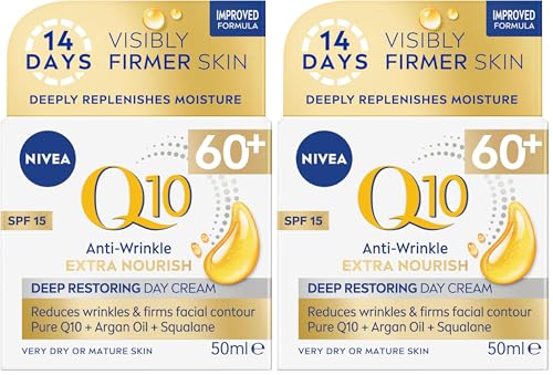 NIVEA Q10 Anti-Wrinkle Nourishing Day Cream SPF 15 50ml | Anti-Ageing Face Moisturiser | With Q10 & Argan Oil | Lasting 24-Hour Nourishment | Firms Skin | Reduces Signs of Aging (Pack of 2)