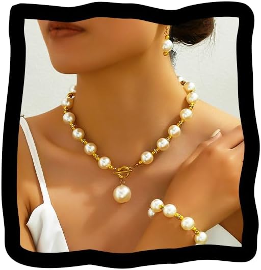 ACEDRE Pearl Jewelry Set Gold Chunky Pearls Necklace Sets for Women | Wedding Prom Costume Jewelry Bridal Fashion Necklace Earrings Bracelet 3Pcs