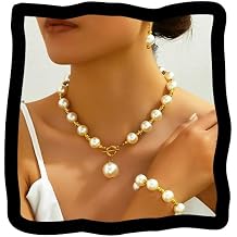ACEDRE Pearl Jewelry Set Gold Chunky Pearls Necklace Sets for Women | Wedding Prom Costume Jewelry Bridal Fashion Necklace Earrings Bracelet 3Pcs