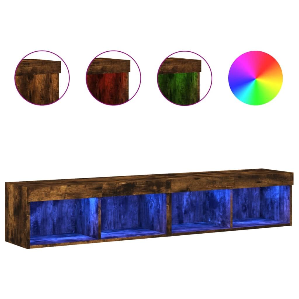 Juego de 2 armarios de TV con luces LED, roble ahumado, 80 x 30 x 30 cm, montaje en pared, centro de entretenimiento para salón
