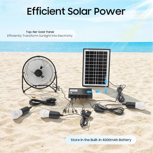 Image of Solar Power Camping Fan with Lights, Solar Power Panel Light Solar fan System Kit, 4000mAh Rechargeable Portable Fan for Home Lighting, Outdoor Camping