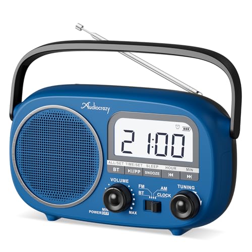 Audiocrazy Portable AM FM Rechargeable Radio with Best Reception, Digital Time/Station Display,AC Power or Battery Power Radio with Bluetooth Speaker for Home/Kitchen/Outdoor Blue