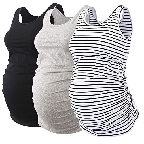 Love2Mi Lot de 3 t-shirts de grossesse pour maternité, Noir + gris + rayures noires et blanches, S Cover