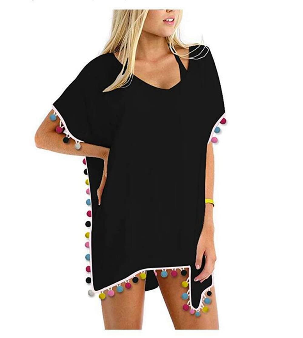 Justay Comf Playa Pareos Ropa Mujer de Playa de Cuello Bikini Verano Cover Up Traje de Baño Camisolas para Chiffon Beach Bikini Borlas de Verano Negro