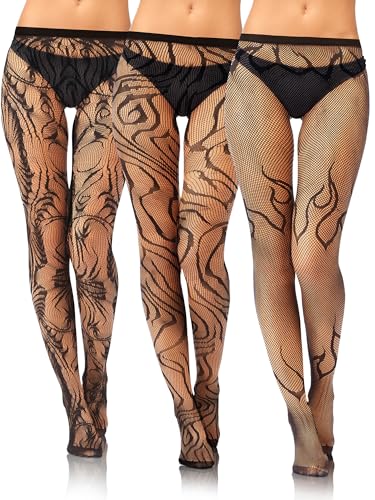 Image of Fourluoo 3 Pairs Fishnet Stockings for Women Black Lace Patterned Tights High Waist Stockings Hole Pantyhose
