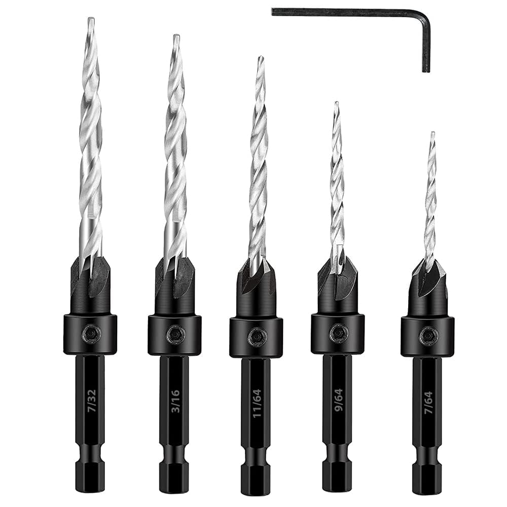 Yakamoz5Pcs Taper Drill Countersink Set 1/4" Hex Shank Countersinks with Tapered Point Pilot Drill Bits for Woodworking
