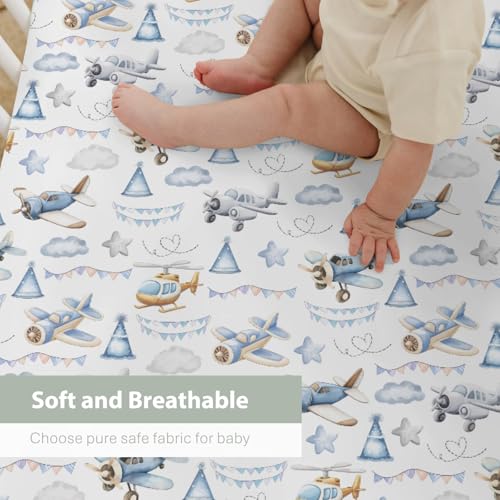 Image of Vintage Planes Airplanes Helicopters Baby Crib Sheets Boy Girl 28 inchx52 inch Retro Stars Plane Clouds Sky Soft Stretchy Fitted Crib Mattress Cover Baby Sheet for Standard Crib & Toddler Mattress Pad