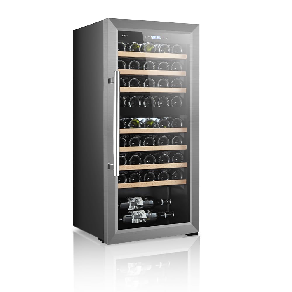 SVAN Vinoteca 45 Botellas Negro SVN4500D. 85W, 2 Zonas IndependientesDisplay LED táctil, Pantalla Digital Exterior, 7 Baldas de Madera, 1 Rejillas Metálicas, Clase de Eficiencia Enérgetica G