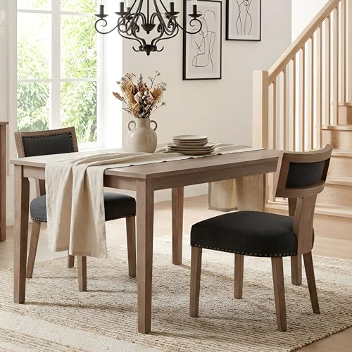 Image of HNY Mid Century Modern Dining Chairs Set of 2, Farmhouse Linen Fabric Upholstered Accent Chairs Curved Nailhead Trim Backrest Kitchen Chairs, with Hardwood Frame, Charcoal