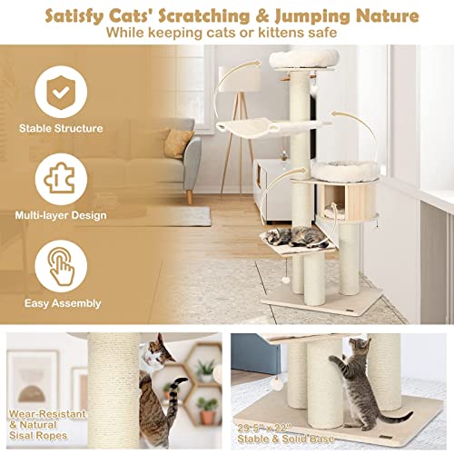 Image of Tangkula Modern Cat Tree, Multi-Level Large Cat Tower with Condo, Hammocks & Hanging Basket, Tall Cat Tree with Sisal Posts, Washable Cushions, Wood Cat Trees and Towers for Indoor Large Cats