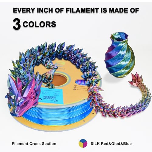 Image of YOUSU PLA Filament Triple Color Coextrusion Silk 3D Printer Filament 1.75mm for 3D Printer & 3D Pen, Multicolor PLA Rainbow Filament, 1kg(2.2lbs) Silk PLA Red Gold Blue.