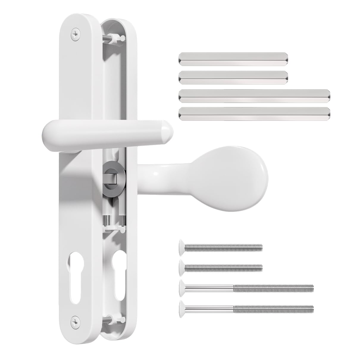 Bwintech UPVC White Door Handle 92mm 60mm Offset Lever Pad 211mm Fixings Sprung Patio Pair，243mm Plate Length Front Door Handles for UPVC Door