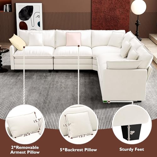 Image of Ihanherry 114 inch V-Shaped Modern Sofa Modular Sectional Cloud Couch with Corner Section, 5-Seat Chenille Deep Seat Sofa with 5 Pillows for Living Room, Bedroom and Apartment, Beige