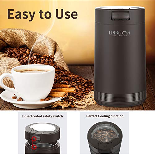 Coffee Grinder with Brush, LINKChef 200W Spice Grinder with Stainless Steel Blade for Seed Bean Nut Herb Pepper & Grain, Lid Activated Safety Switch, Brown, CG-8420