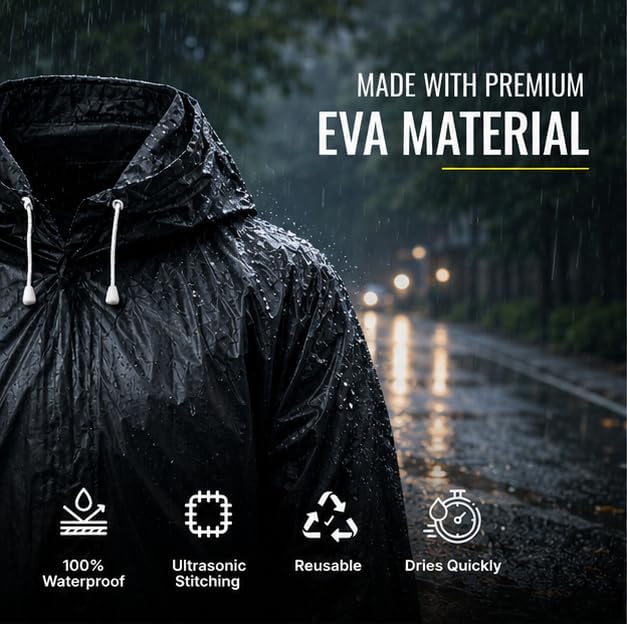 Image of EVA Raincoat for Men & Women, Black, Waterproof, Hooded with Adjustable Drawstrings, Knee Length, Reusable (Black)