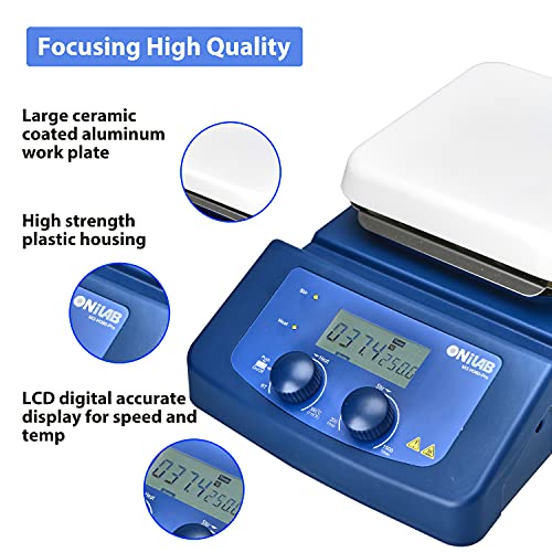 Onilab 380℃ Lcd Digital Hotplate Magnetic Stirrer With Ceramic Coated Aluminum Work Plate, 200-1500Rpm,5L,Temp Probe Sensor & Support Stand & Stirring Bar Included #TOP1