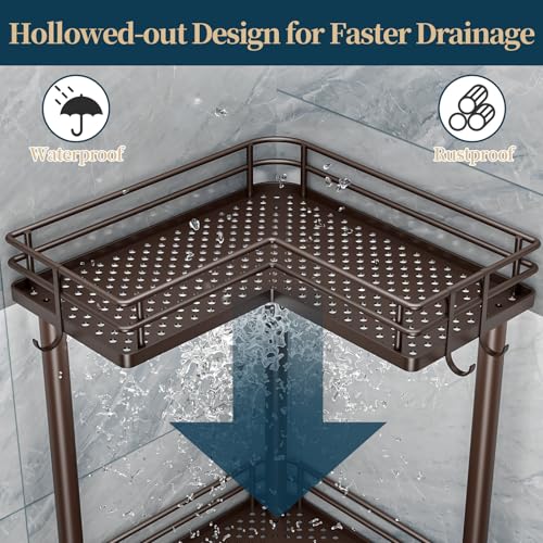 Image of Consumest Corner Shower Caddy Standing - 3-Tier Stainless Steel Shower Organizer with Soap Holder and 4 Hooks, Large Capacity Corner Shelf Stand for Bathroom, Rest Room, Bronze