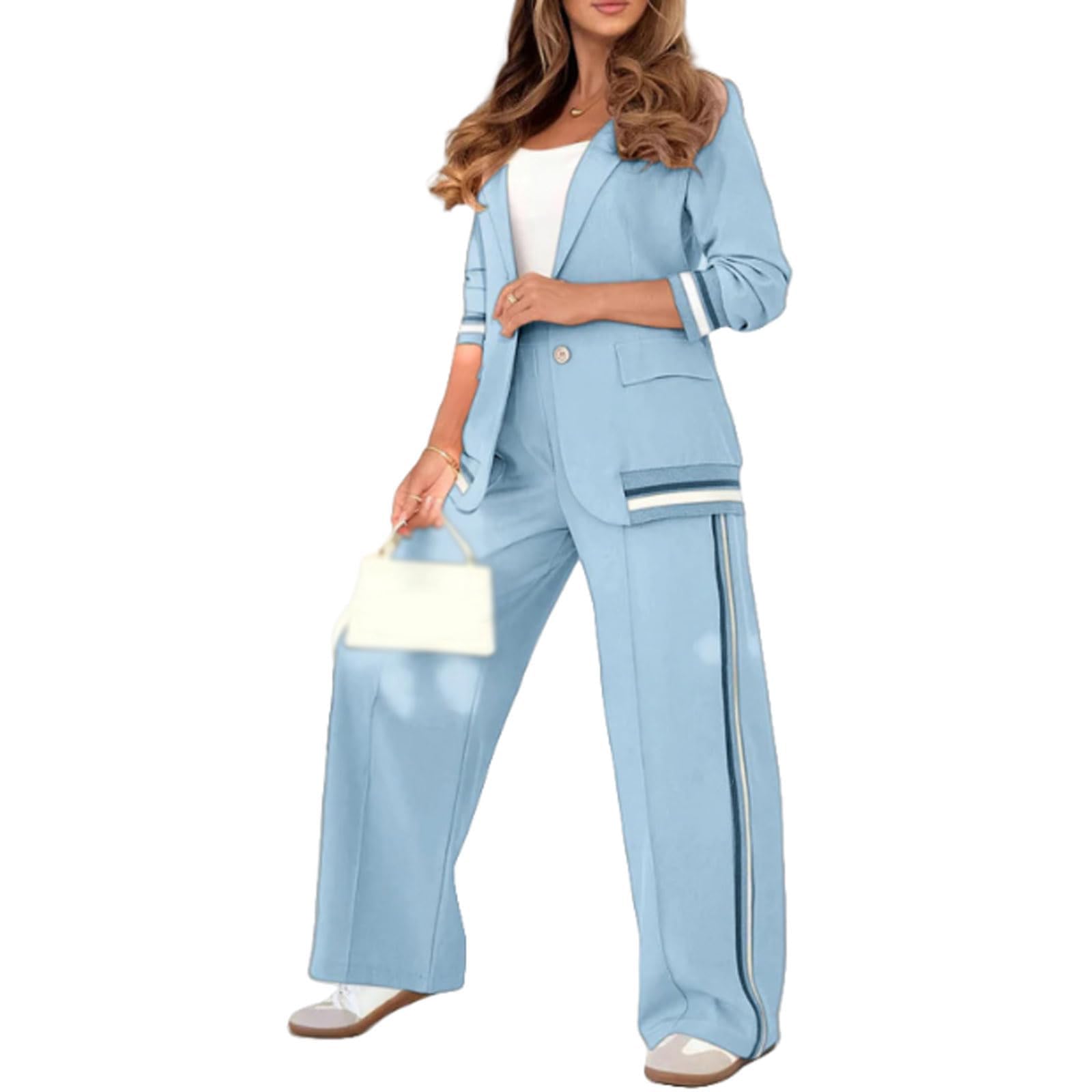 Womens 2 Piece Blazer Outfits Business Casual Oversized Jacket and High Waist Wide Leg Pants Suit Dressy Ribbed