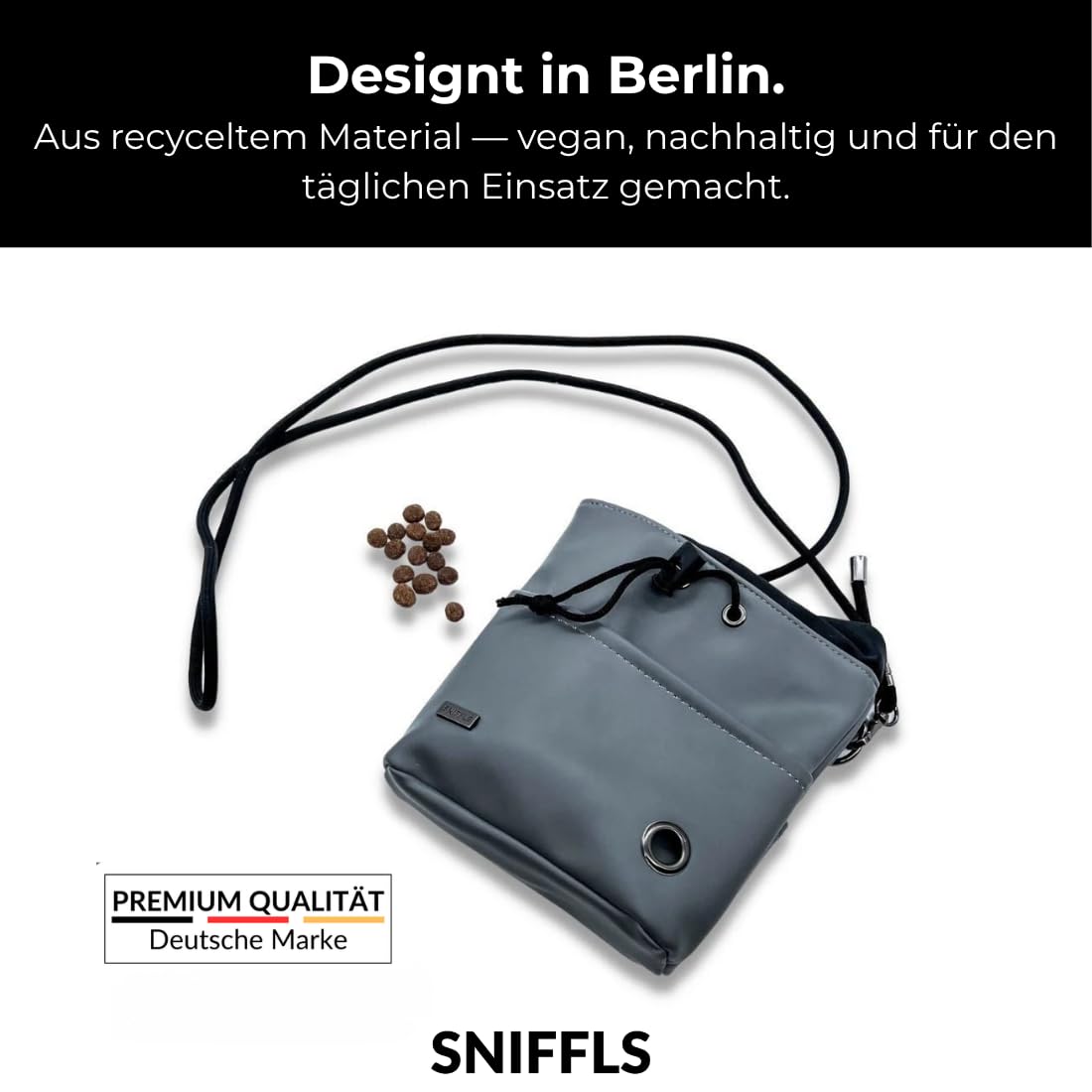 Leckerlibeutel für Hunde - Futterbeutel Hundetraining, Grau | Einhand-Kordelzug, Bruchsicherer Metall-Clip, Wasserabweisend, Mit Handy- und Kotbeutelfach, Recyceltes Material