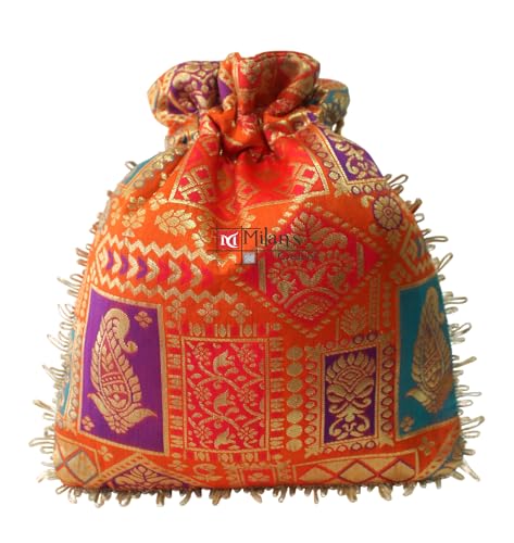 Image of MILAN'S CREATION Potli Banarasi Silk Brocade Bag Purse Drawstring Women's handbag with Pearl Handle & Tassel Weddings