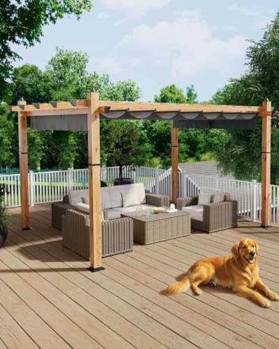 Image of KYBOLT 10x13 Ft Outdoor Pergola with Retractable Canopy Upgraded Aluminum Wood Grain Patio Pergola for Modern Backyard Deck Porch Grape Trellis - Gray