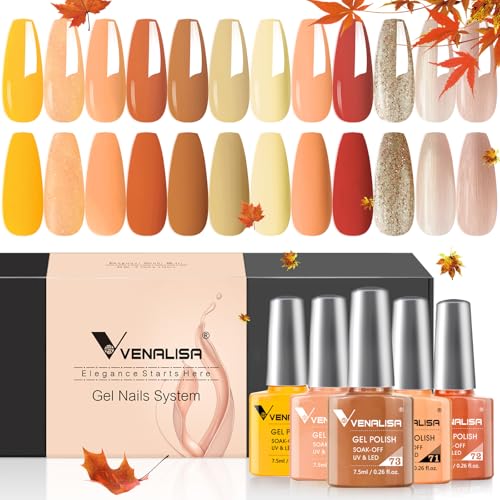 VENALISA Yellow Fall Gel Nail Polish Set, 12Pcs Orange Winter Kit With Gold Glitter Brown Colors, High Gloss Soak Off Polish for French Manicure Salon DIY