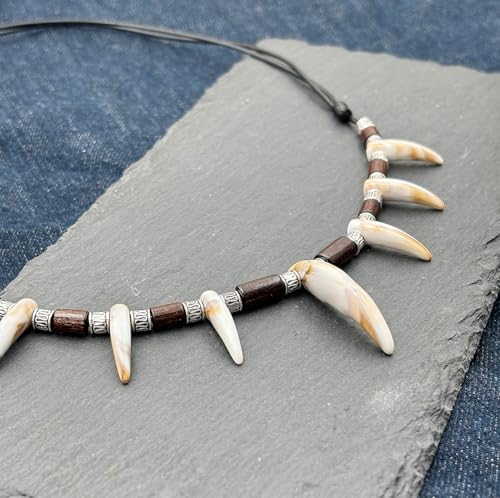 Wolf Wood Beads Tooth Necklace for Men Women Tribal Caveman Adjustable Resin Tooth Pendant Necklace3