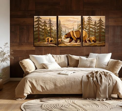 Image of Frimeeme 3-Piece Framed Rustic Forest Bear Canvas Wall Art,16x24 Inch | Woodland Cabin Decor, for Cabin, Farmhouse, Living Room, Bathroom,Ready To Hang