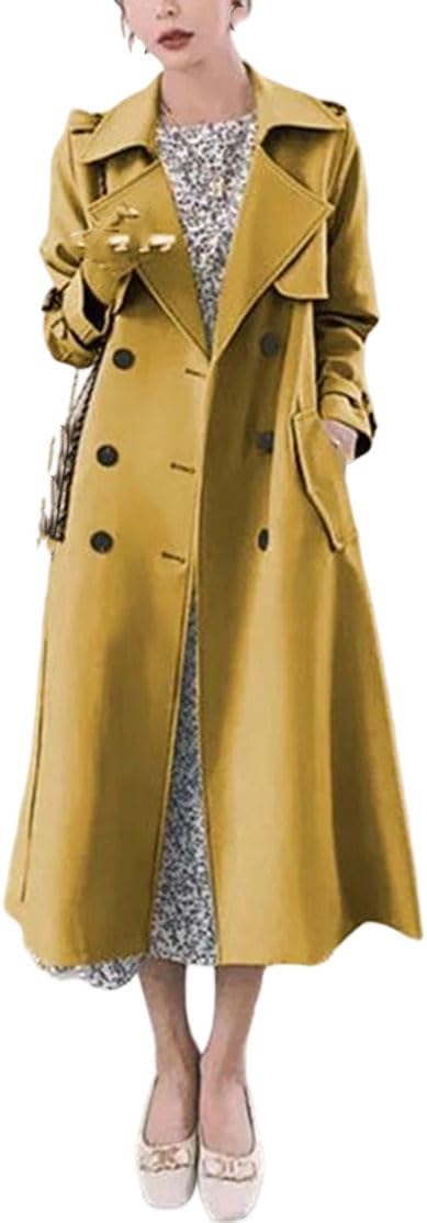 Long Trench Coat Women's Double-Breasted Sashes Slim Overcoat Casual Tops