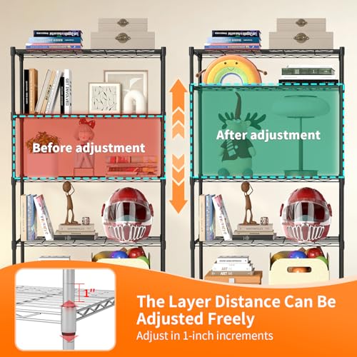 Image of BestOffice | 5-Tier Wire Storage Shelves with Wheels | 14 x 30 x 61 | Black | with Adjustable Racks | Heavy-Duty Metal Shelf, Holds Upto 1250 lbs | No-Tool Assembly | Ideal for Home & Garage Shelving