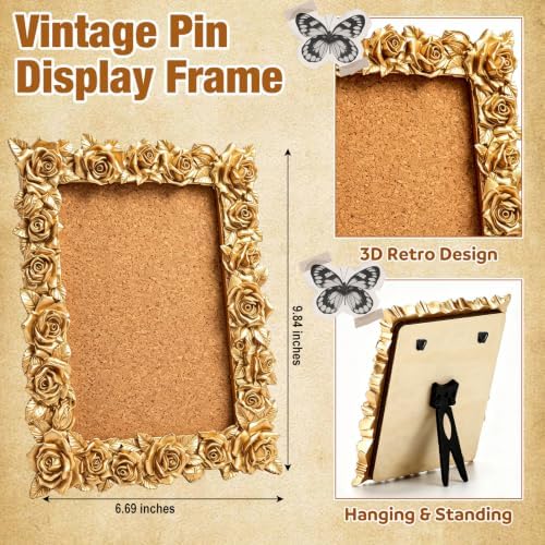 Sliner Vintage Rose Pin Display Frame 5 x 7 Inch Decorative Collectible Pin Board with Cork Board Gold Retro 3D Display Frame for Wall Desktops Holder
