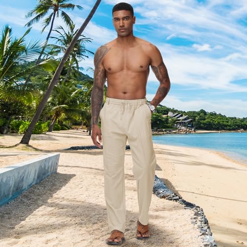 Durio Mens Casual Linen Pants Elastic Waist Lightweight Linen Beach Pants Straight Leg Casual Pants Summer Beach Yoga2