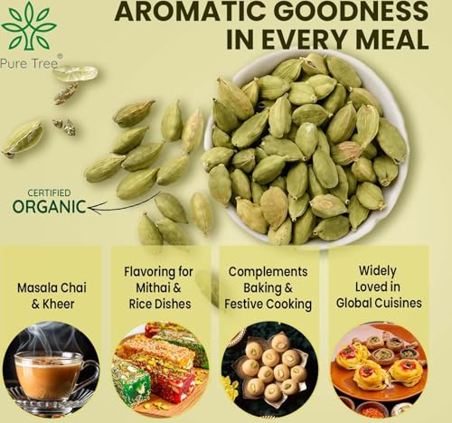 Image of Pure Tree Certified Organic Elaichi | 350 g | Organic Green Cardamom Whole Spices Hari Chhoti Elaichi Seeds Unique Aroma & Pleasant Flavour