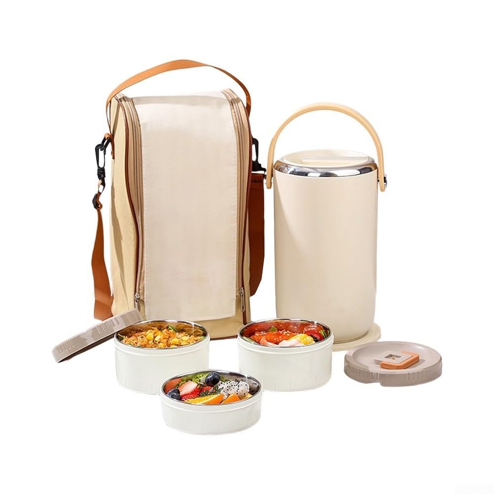 Boîte Lunch Isotherme 3 Niveaux 86oz Chaude Froide Boîte Lunch(White) | Isolation pour vide double paroi, chaud froid 6-8h, 3 niveaux séparés, 86oz total, pour idéal bureau école