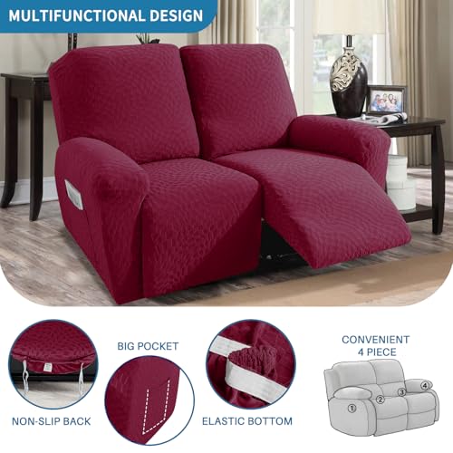 Image of 2026 Loveseat Recliner Cover 4-Piece (48 inch-66 inch) Super Soft Recliner Loveseat Covers with Big Pocket & Anti Slip Ties Stay in Place, Lazy Boy Reclining Love Seat Slipcover Durable Washable, Wine Red