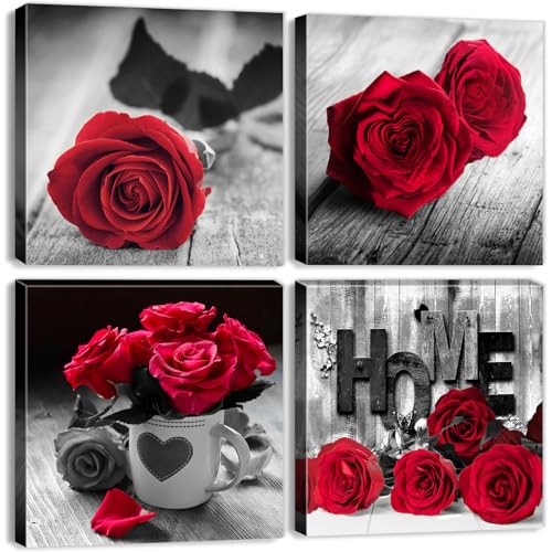 Black and White Floral Wall Art for Living Room Retro Red Rose Wall Decor Romantic Flower Pictures for Bathroom Walls Rustic Bouquet Painting Canvas Prints Artwork Girls Bedroom Decorations 12x12 4P