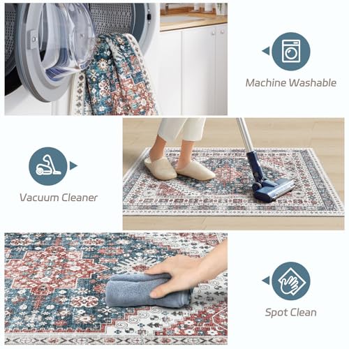 Madane Washable Area Rug 2x3, Small Entryway Rug Non-Slip Vintage Door Mat Indoor Entrance, Low Pile Floor Carpet for Inside Front Door Bedroom Kitchen Entry Laundry (2'x3', Navy Blue)