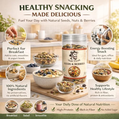 Image of Vedic Foods Seeds & Berries Mix 250g | Nutritious Superfood Blend | Pumpkin, Sunflower, Flax Seeds with Berries | Energy Boosting Snack | Vegan & Gluten Free