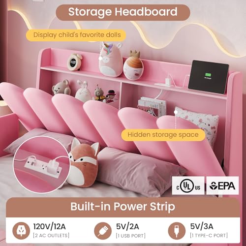 Image of DICTAC Full Size Girls Bed Frame with Storage Drawer and Safety Guardrails, LED Velvet Upholstered Princess Platform Bed with Wavy Storage Headboard and Charging Station,Heavy Duty Metal Support, Pink